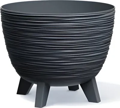 A dark gray planter with a textured surface and three legs, shown against a white background.