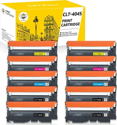 A box of printer toner cartridges with several stacks of cartridges in front of it.
