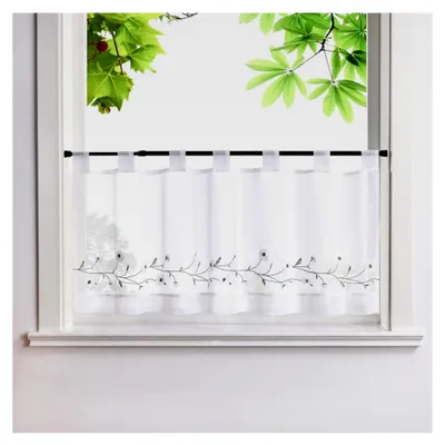 Produktbild von Bestickte Scheibengardine Voile Kurzstores mit Schlaufen für die Küche im Landhausstil, Bistrogardine in Weiß, Maße 140x45 cm