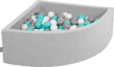 Zdjęcie produktu dla KiddyMoon suchy basen trójkątny z piłeczkami 7cm jasnoszary: biały-szary-jasny turkus 90x30cm/300piłek zabawka basen piankowy