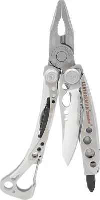 A Leatherman Skeletool multi-tool is shown against a white background.