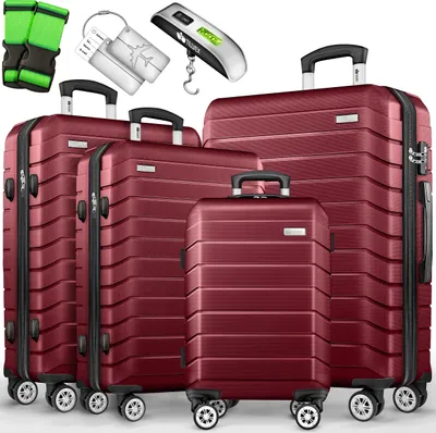 Produktbild von tillvex® Reisekoffer Set 4-TLG. + Gepäckwaage, 8X Koffergurte & 4X Kofferanhänger | Kofferset 4 Rollen | Trolley Gepäck Koffer TSA Schloss | Rollkoffer Hartschalenkofferset S-M-L-XL (Rot)