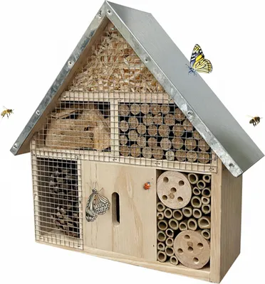 Produktbild von Relaxdays Insektenhotel, Holz, wetterfestes Metalldach, HxBxT: 28 x 30 x 9 cm, Insektenhaus zum Aufhängen, natur/silber