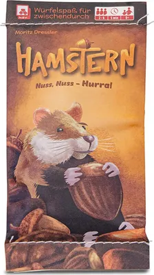 The image shows the front packaging of a board game called 'Hamstern'. A hamster is depicted holding a large acorn, surrounded by other acorns and nuts. The packaging has text and icons indicating game details.