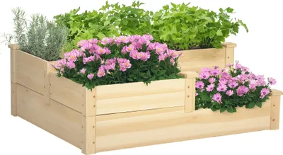 Image de Jardinière surélevée à 3 niveaux, jardinière, bac à plantes, bac à herbes aromatiques, escalier à fleurs pour balcon, jardin, bois de sapin naturel, 120 x 120 x 56 cm