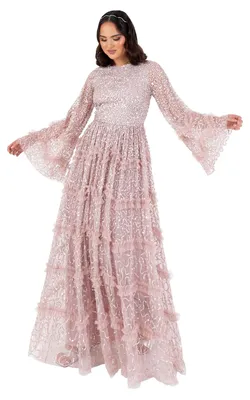 Produktbild von Maya Deluxe Damen Maxikleid, elegantes Modell mit Rundhalsausschnitt, langen, ausgestellten Ärmeln und Pailletten