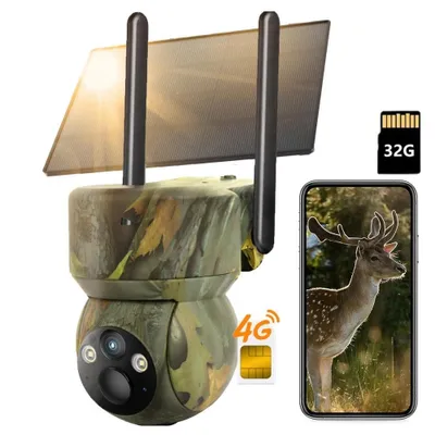 Image de 4G LTE caméra de la faune avec carte SIM 2K solaire caméra de la faune avec la transmission de téléphone portable App sans fil caméra de surveillance extérieur batterie avec vision nocturne couleur avec 32G