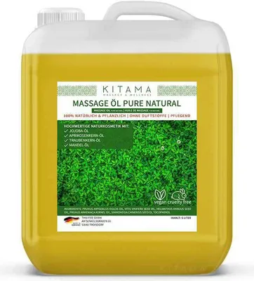 Produktbild von Kitama Massageöl Pure Natural 5-Liter - 100% natürlich mit Jojobaöl Aprikosenkernöl Traubenkernöl Mandelöl - parfüm-frei (duftneutral) Pflegeöl