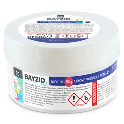 A white plastic tub of pool cleaning product, shown from a slightly elevated angle.
