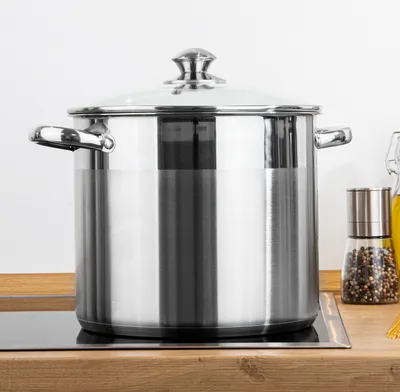 A large stainless steel pot with a glass lid sits on a stovetop.
