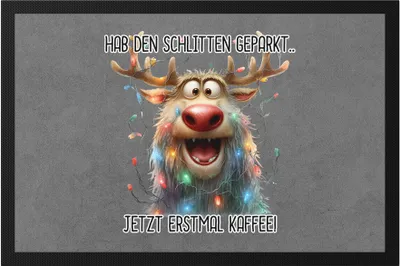 Produktbild von Hab Den Schlitten Geparkt Jetzt Erstmal Kaffee Lustiges Rentier Julklapp Geschenk Fußmatte Lustiges Weihnachten