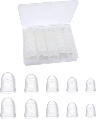 Produktbild von Box mit rutschfestem und atmungsaktivem Premium-Silikon-Fingerschutz, rutschfeste Gitarren-Fingerstütze, für Gitarre, Ukulele, 5 Größen, transparent,25 Pcs