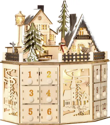 Produktbild von LED-Adventskalender mit 24 Naturholzfächern, Weihnachtsdekoration und Beleuchtung