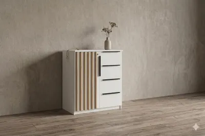 Produktbild von Kair Kommode - Loft-Stil - 80 x 48 x 89 cm - Gehäuse Weiß, Fronten Weiß, Lamellen Craft Gold