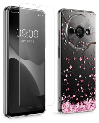 Produktbild von kwmobile Hülle kompatibel mit Xiaomi Redmi A3 Handyhülle - Silikon Case transparent - Mit Glas Schutzfolie - Kirschblütenblätter Rosa Dunkelbraun