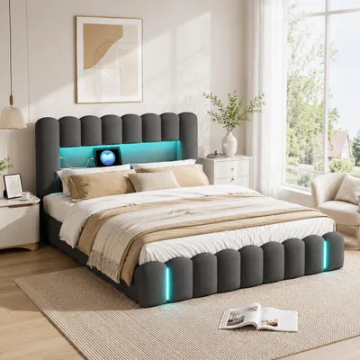 Zdjęcie produktu dla Łóżko tapicerowane INONEFT Bubble, 180x200 cm, z hydraulicznym pojemnikiem na pościel, podwójne łóżko z oświetleniem LED i portami USB, bez materaca, tkanina, kolor szary, Obraz wygenerowany przez AI