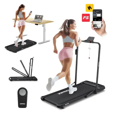 Collage of images showing a woman running on a treadmill, another woman walking on a treadmill next to a standing desk, and close-ups of the treadmill and its remote.