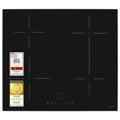A black induction cooktop with four cooking zones and control panel.