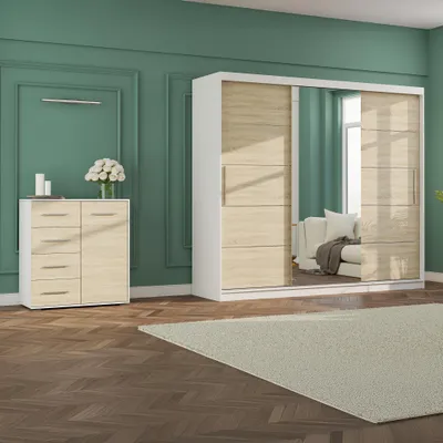 Produktbild von Schwebetürenschrank 250 cm Alba in Weiß/Sonoma mit Spiegel, inkl. Kommode Frida 90 cm