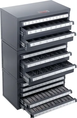 Produktbild von VEVOR Bohrer-Spenderschrank, 3-teilig, drei Schubladen für 1/16" bis 1/2" und Buchstabengrößen A bis Z, Bohrer-Organizer mit fünf Schubladen für Drahtstärken Nr. 1 bis Nr. 60, Stapelbarer Schrank