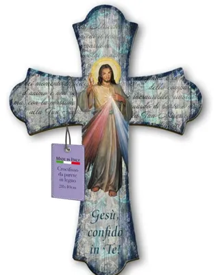 Vintage Holzkreuz Jesus Barmherzigkeit 28x40 cm