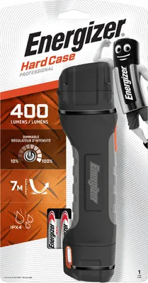 The image shows the packaging of an Energizer Hard Case Professional flashlight, including the flashlight itself and two AA batteries.