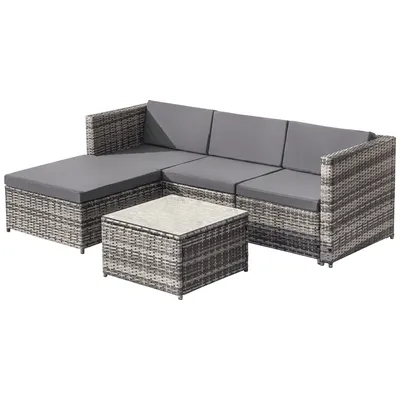 Produktbild von Merax Rattan Gartenmöbel, 5-tlg. Gartenlounge-Set mit Tisch, Fußhocker und Sofa, Balkonmöbel Sets 4 Sitzer, Gartenlounge Sets Terassenmöbel mit Kissen