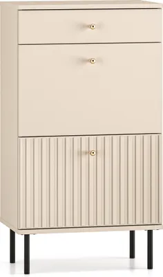 A front view of a cream-colored shoe cabinet with gold knobs and black legs.
