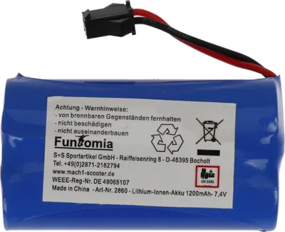 A blue lithium-ion battery pack with a white label containing product information and warnings.
