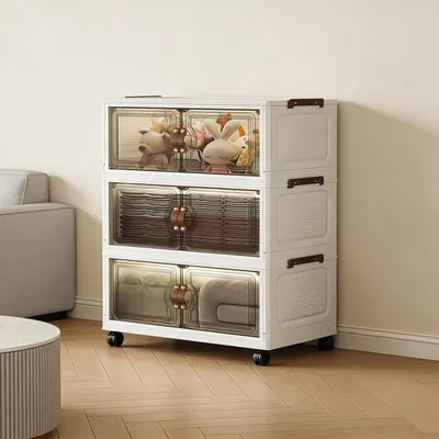 Produktbild von 3 Ebenen Faltbare Aufbewahrungsbox mit Deckel, Stapelbare Aufbewahrungsboxen,Kunststoff Transparente Stapelboxen mit Tür & Rollen für Küche,Büro,Wohn