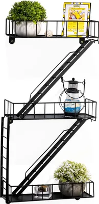 Produktbild von Fire Escape Wandregal Schwarz Metall - Hängeregal mit Leiter für Deko Wohnzimmer Modern | Schweberegal zur Dekoration, Küchenregal Gewürzregal