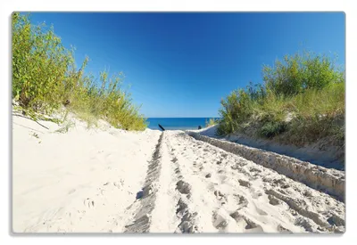 Produktbild von Wallario Frühstücksbrettchen aus Glas 20 x 30 cm mit rutschfesten Füßen, Motiv Auf dem Sandweg zum Strand - Blauer Himmel über dem Meer