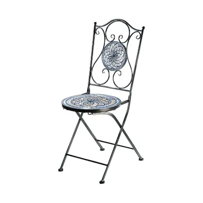 A single folding garden chair with a mosaic seat and backrest, shown against a white background.