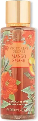 A Victoria's Secret Mango Smash fragrance mist bottle with floral and fruit graphics.