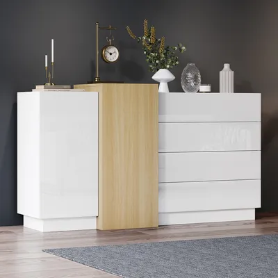 Produktbild von okwish  Sideboard,Kommode，Beistellschrank，Buffetschrank Weißes Hochglanz, Esszimmerschrank mit Stauraum, Aufbewahrungsschrank