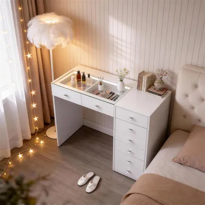 Image de VANITII Coiffeuse avec Plateau en Verre et Éclairage LED, Coiffeuse pour Chambre à Coucher, 8 Tiroirs, 120×55×81 cm, Blanc