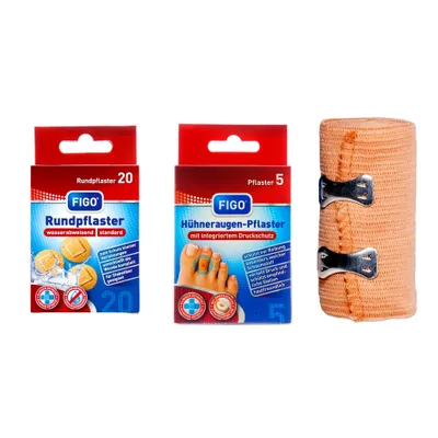 Produktbild von Fuß- & Wander-Set, 20x Rundpflaster + 5x Hühneraugenpflaster + 1x Elastikbandage FIGO Wund Verband Pflaster