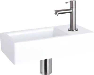 Produktbild von Differnz Ravo Aufsatzwaschbecken 38,5x18,5x9,5 cm – Waschbecken Bad Keramik Weiß – Mit Wasserhahn Bad in Mattchrom – Waschtisch mit Standardgriff für Gäste-WC