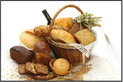 Produktbild von Wallario Wandbild Brot und Brötchen im eleganten Korb - mit Wein und Getreide, Größe: 61 x 91,50 cm, Poster mit schwarzem Aluminiumrahmen