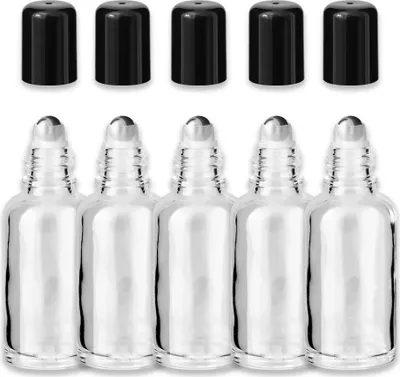 Produktbild von 5x Klare Glasflasche Roll-On 30 ml mit schwarzem Schraubverschluss Set