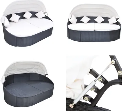 Image de vidaXL Lit Lounge Outdoor avec toit Poly Rotin Noir - Bain de soleil - Bain de soleil - Lounge en rotin