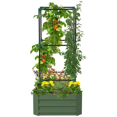 Zdjęcie produktu dla Podwyższona grządka Outsunny z podporą do wspinaczki, skrzynka na kwiaty z otwartą podstawą, grządka na warzywa, skrzynka na sadzonki, grządka na zioła do ogrodu, na balkon, stal ocynkowana, zielona, 61 x 61 x 140 cm