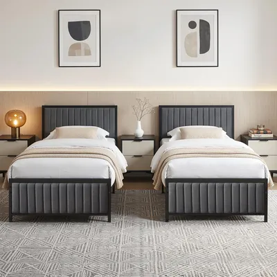 Productafbeelding van VECELO 2-delige set beklede bedden, 90x200 cm, bedframe met beklede hoofdeinde en