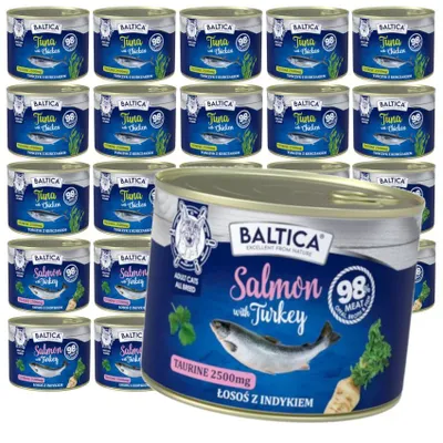 Zdjęcie produktu dla Baltica Excellent Mix Smaków 24x185g Bezzbożowa Mokra Karma Dla Kota Łosoś z Indykiem i Tuńczyk z Kurczakiem
