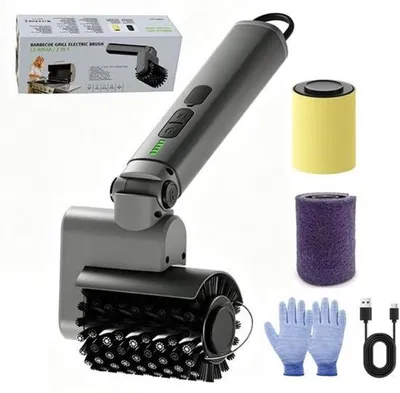 Productafbeelding van Elektrische Grillborstel - 3 Borstelkoppen - 3 Snelheden - 32 x 13 x 4 cm - Roestvrijstaal - Voor Grillroosters
