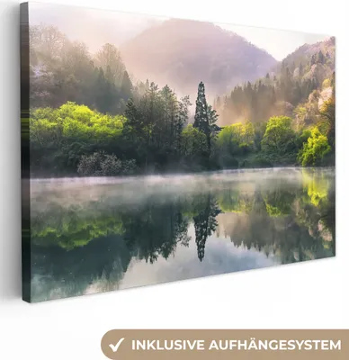 Produktbild von MuchoWow® - Leinwandbilder - Natur - Bäume - Berge - See - Wasser, Wandbild, Wanddeko Bilder Wohnzimmer, 120x80cm