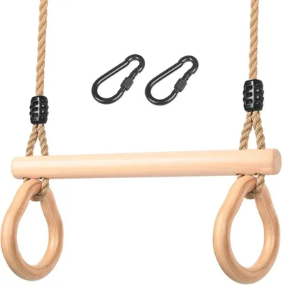 Produktbild von Kindertrapezschaukel mit Holzturnstange und Turnringen – Turnspielzeug – Kletterschaukel