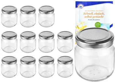 Zdjęcie produktu dla zestaw 12 okrągłych słoików na dżem 212 ml nieder To 66 ze srebrną pokrywką i książeczką z przepisami