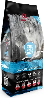 A bag of dog food with wolves on the front.