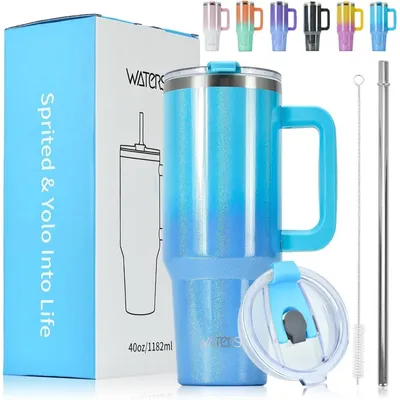 Productafbeelding van Thermobeker, 1182 ml, roestvrij staal, dubbelwandig, vacuüm geïsoleerd, lekvrij, met handvat en rietje, blauw, glanzend